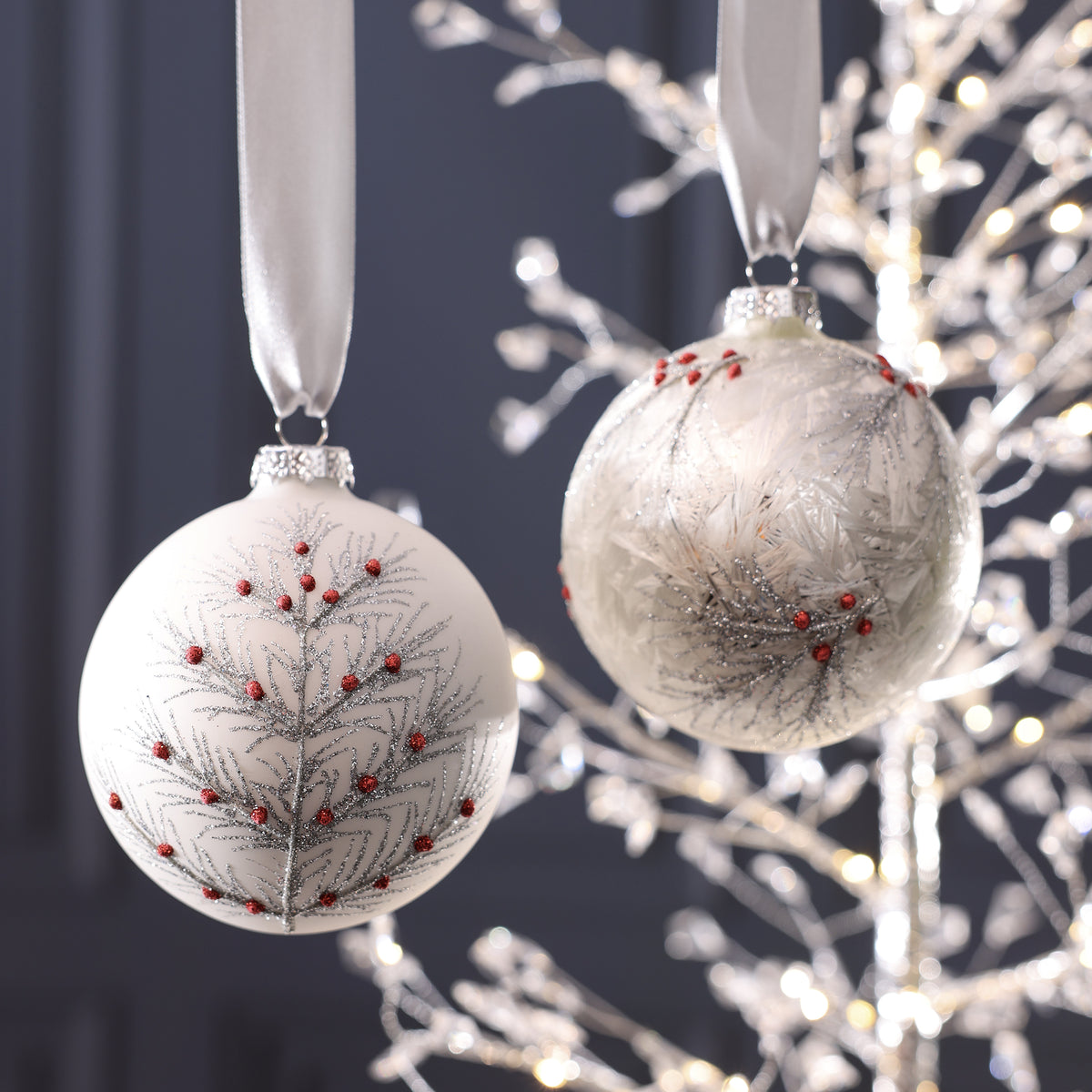 Matt White Glass Ornament - Branch & Berry Design - 2 Assorted Pieces