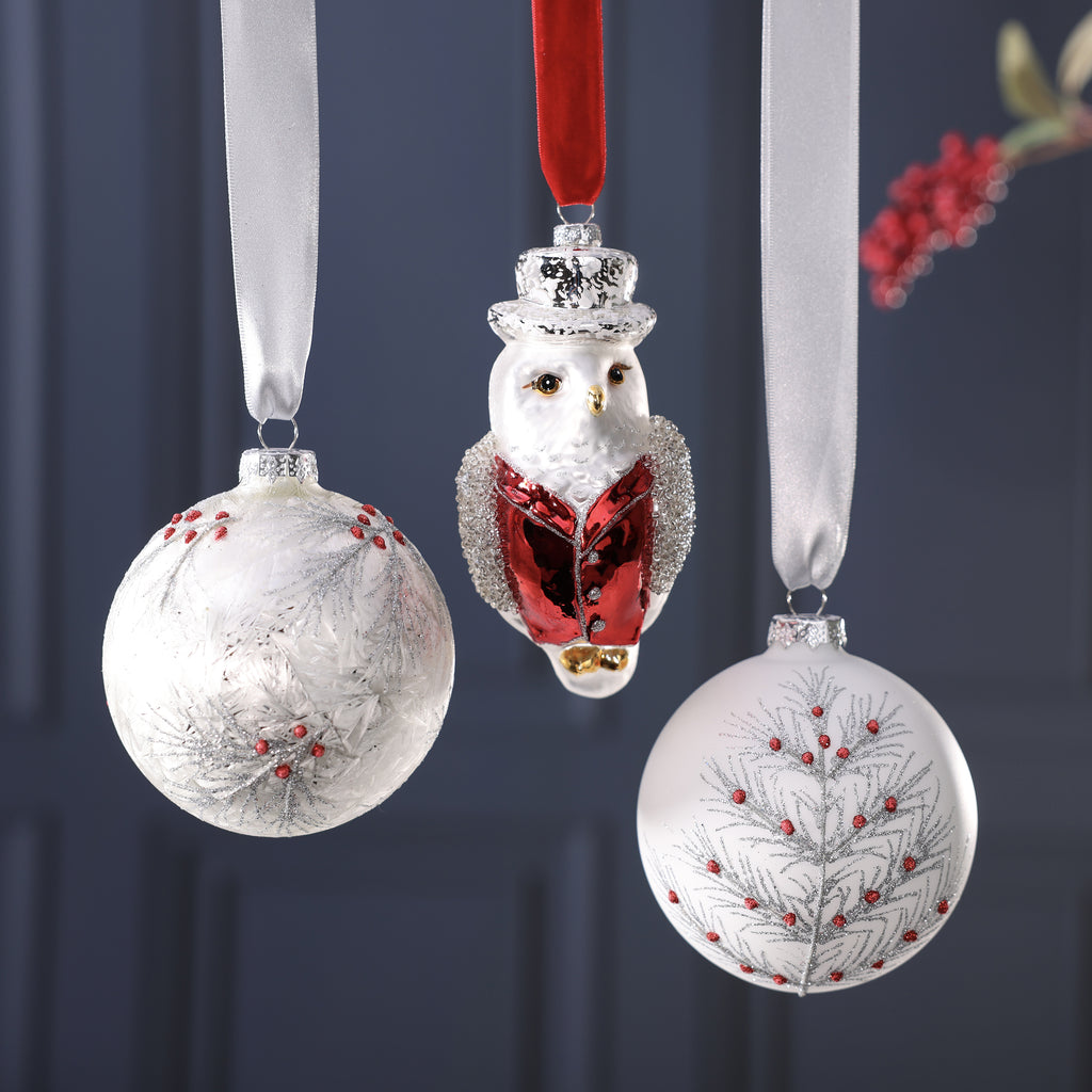 Matt White Glass Ornament - Branch & Berry Design - 2 Assorted Pieces