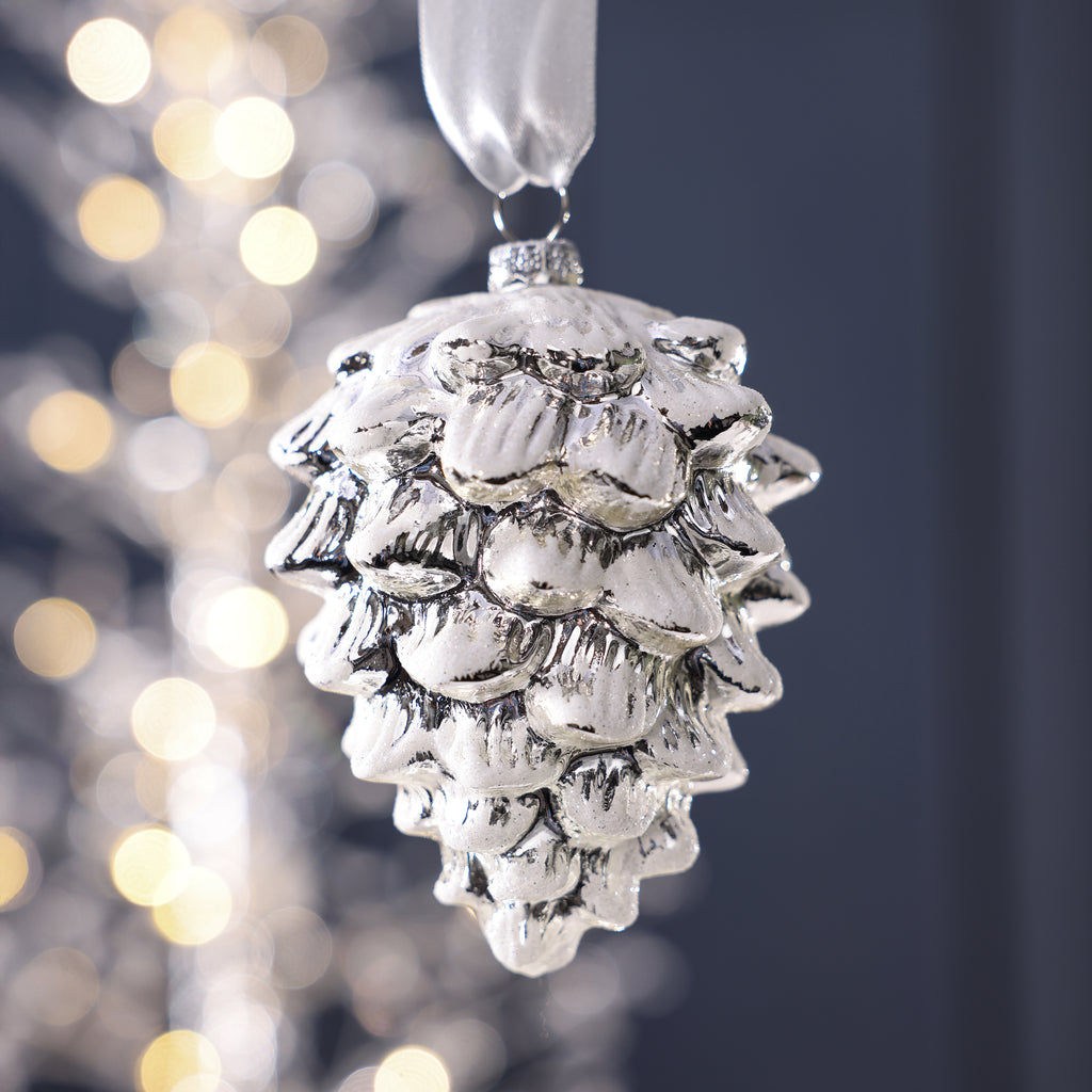 Matt Silver with Snow Glass Pine Cone Ornament