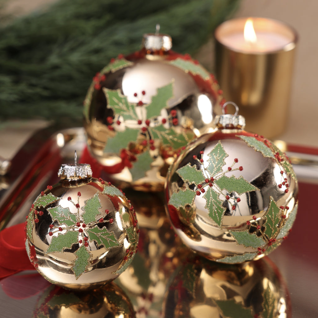 Holly Leaf with Berry Gold Glass Ornament