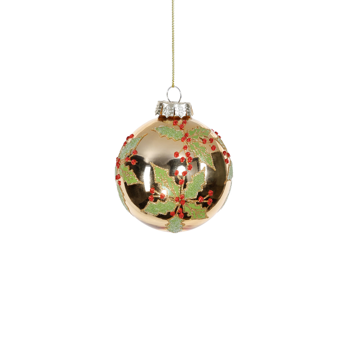 Holly Leaf with Berry Gold Glass Ornament