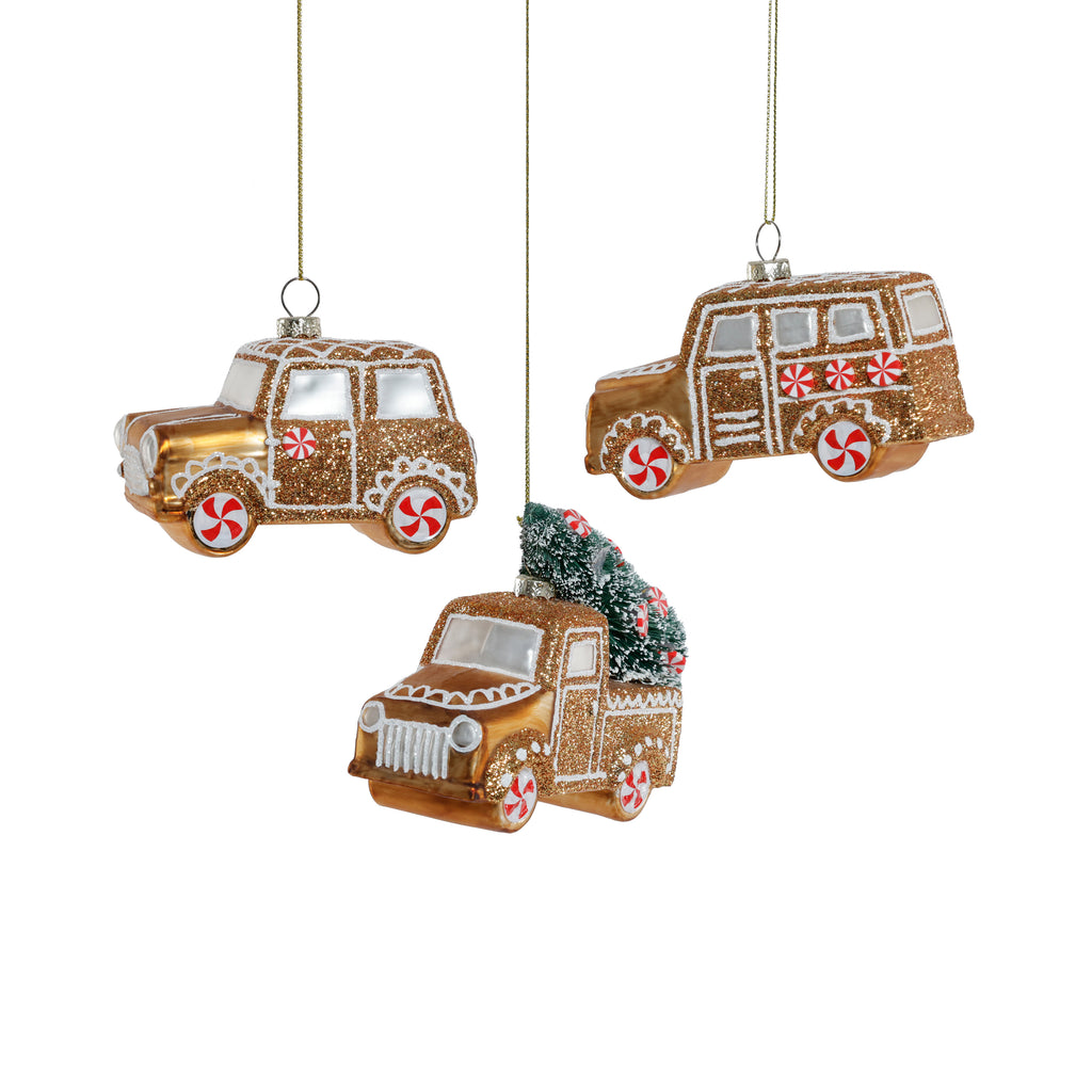 Gingerbread Glass Car Ornament - 3 Assorted Styles