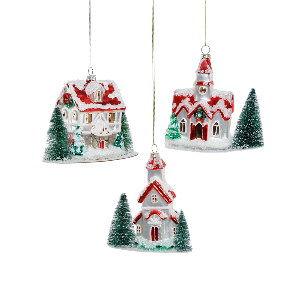 Village Glass Ornament - 3 Assorted Styles - 3 pcs Assorted Styles