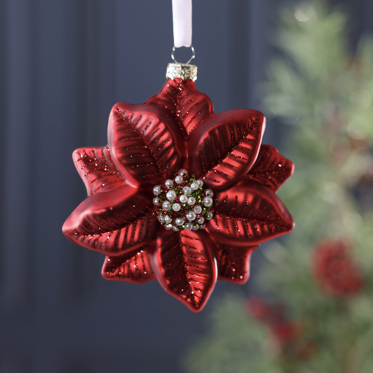 Red Poinsettia Glass Ornament
