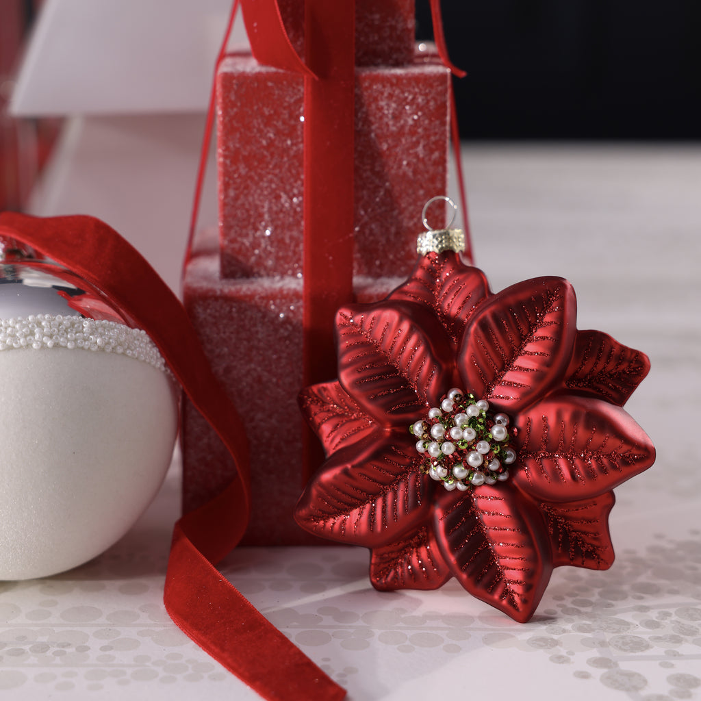 Red Poinsettia Glass Ornament