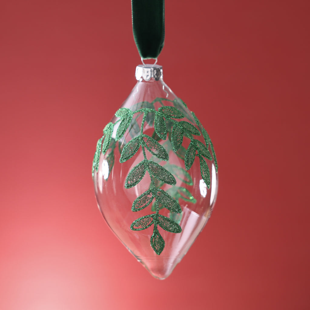 Glass Ornament with Beaded Leaf Design - Green