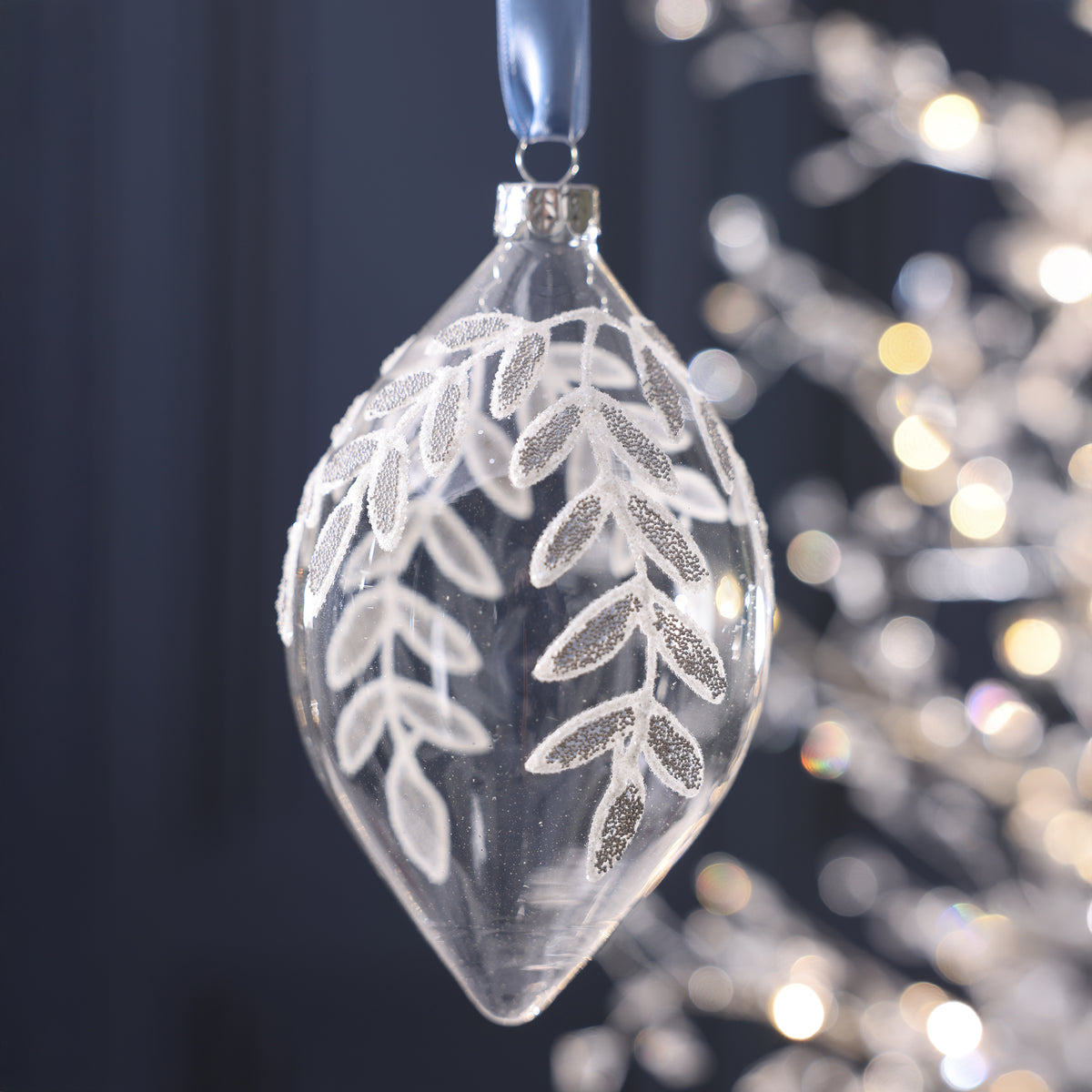 Glass Ornament with Beaded Leaf Design - White