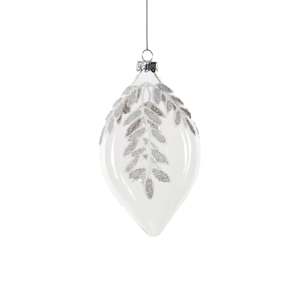 Glass Ornament with Beaded Leaf Design - White
