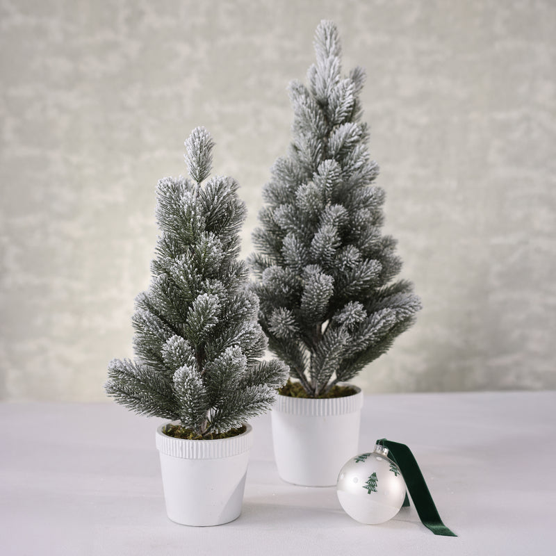 Snow Covered Flocked Tree in White Concrete Pot