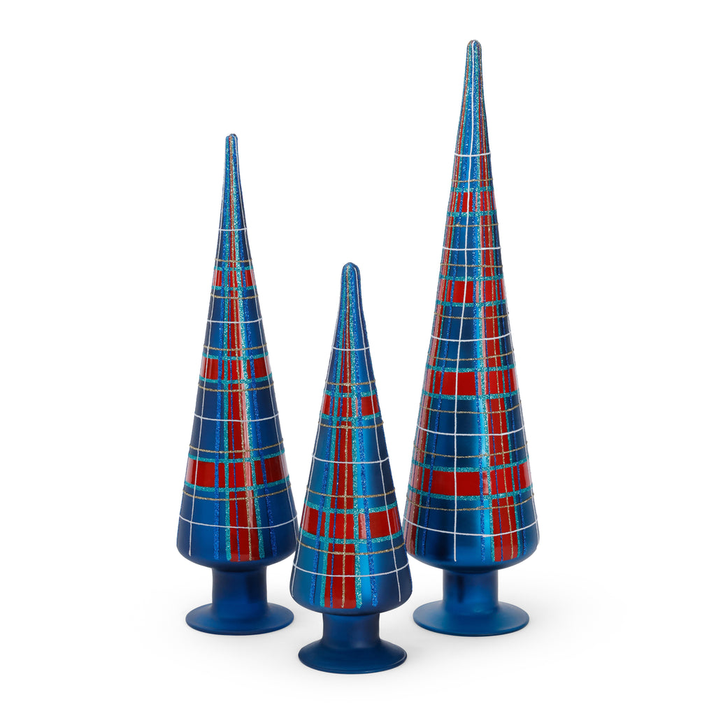 Plaid Glass Tree - 3 Assorted Sizes - Blue and Red