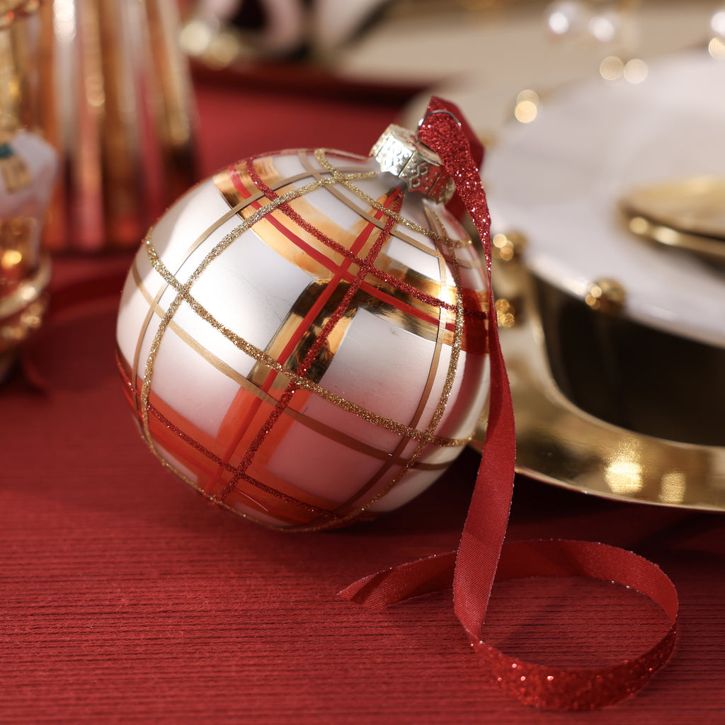 Plaid Ornament - Pearl, Gold & Red