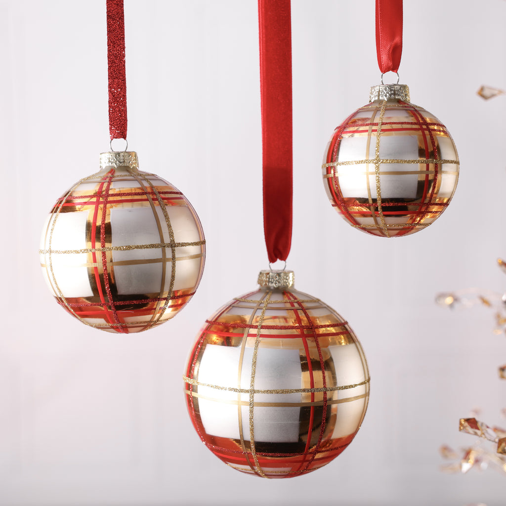 Plaid Ornament - Pearl, Gold & Red