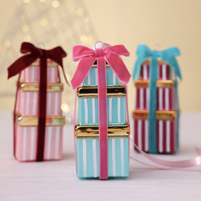 Stacked Presents Glass Ornament - 3 Assorted Colors