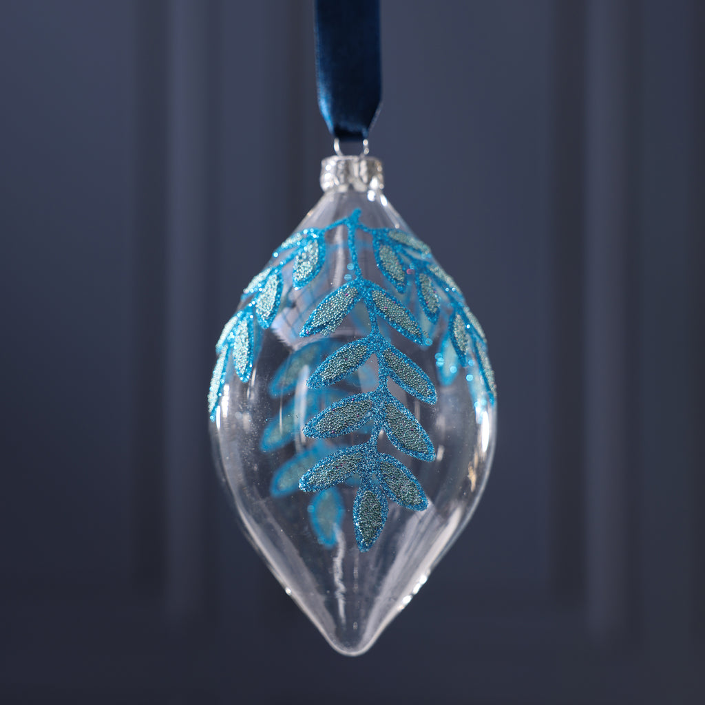 Glass Ornament with Beaded Leaf Design - Blue