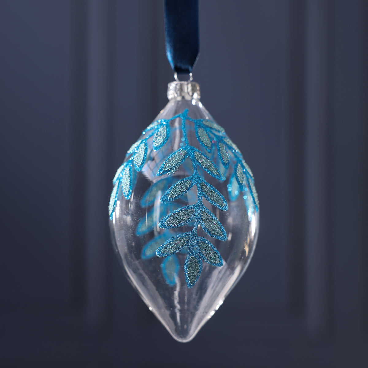 Glass Ornament with Beaded Leaf Design - Blue