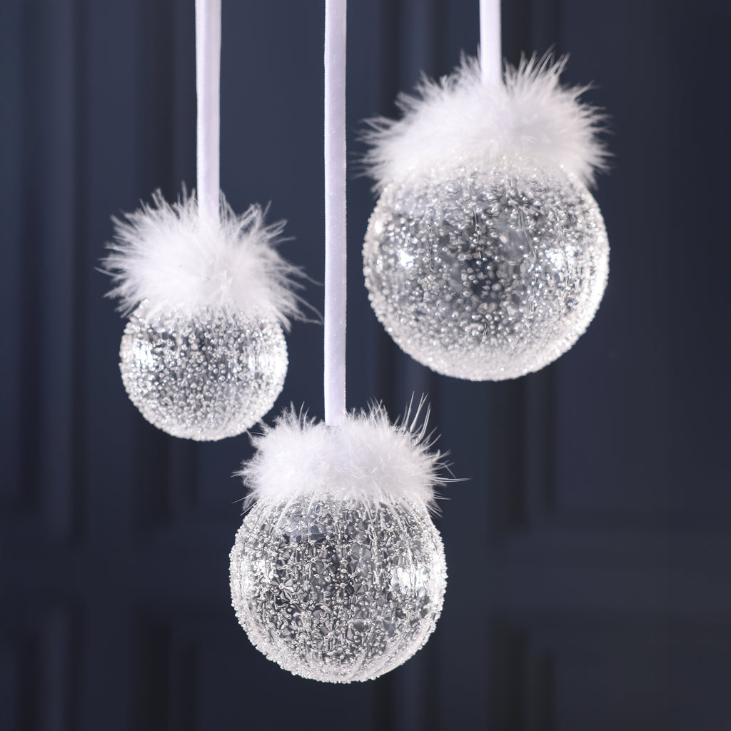 Clear Glass Sugar Ball Ornament with Feather