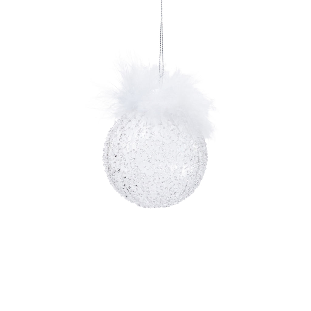 Clear Glass Sugar Ball Ornament with Feather