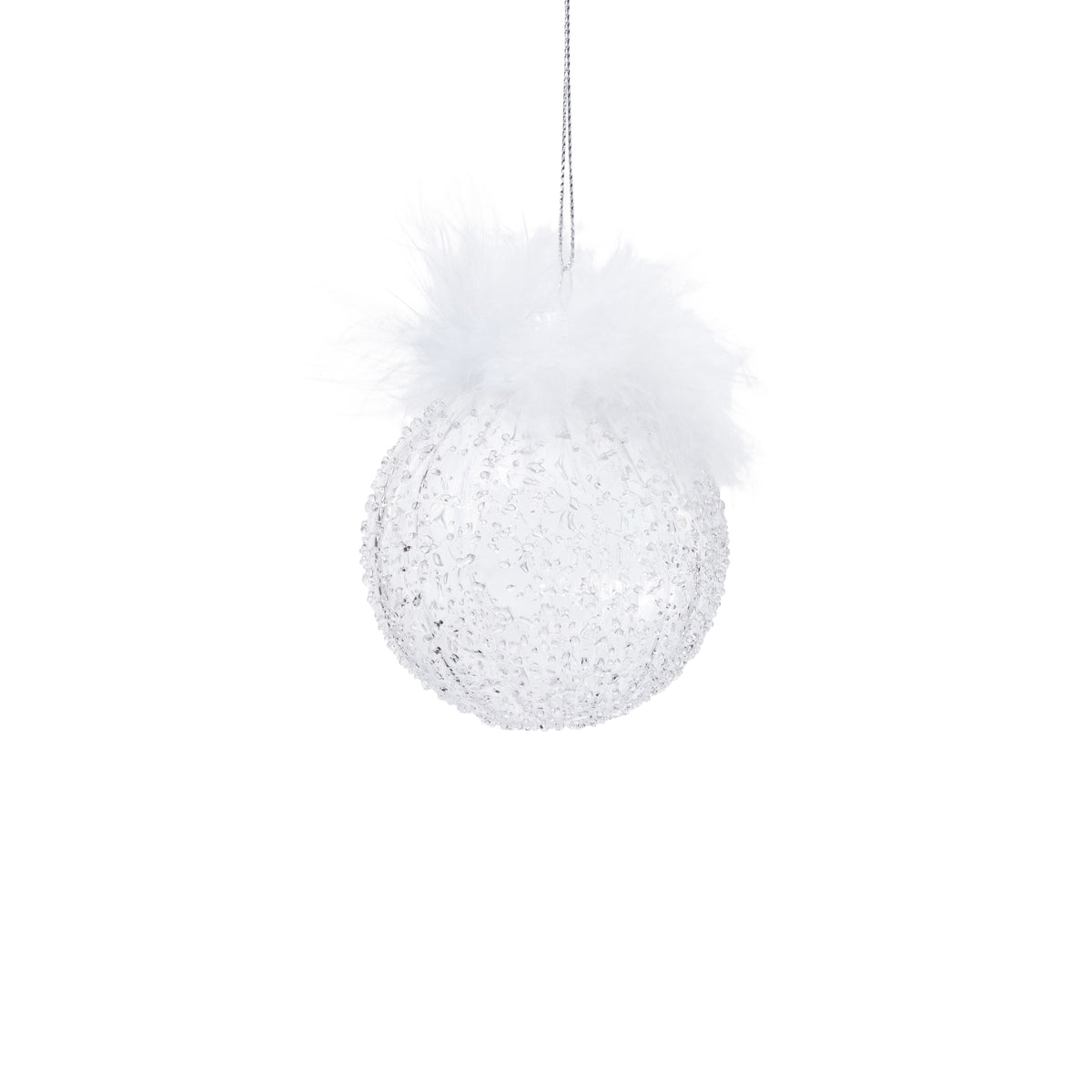 Clear Glass Sugar Ball Ornament with Feather