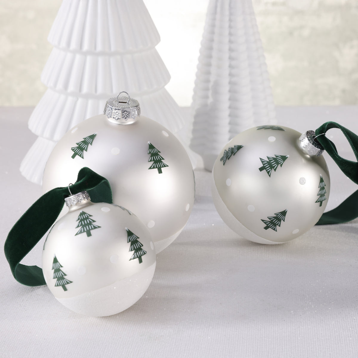 Matt White Glass Ornament with Scattered Trees