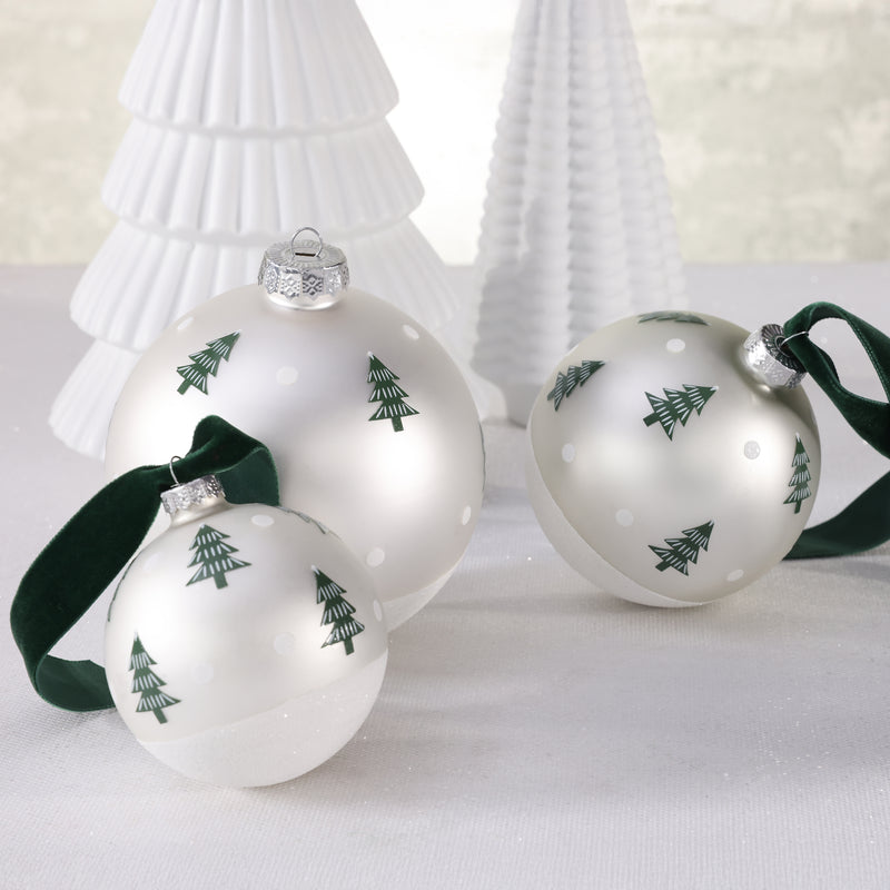 Matt White Glass Ornament with Scattered Trees