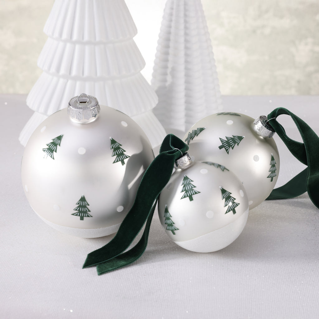 Matt White Glass Ornament with Scattered Trees