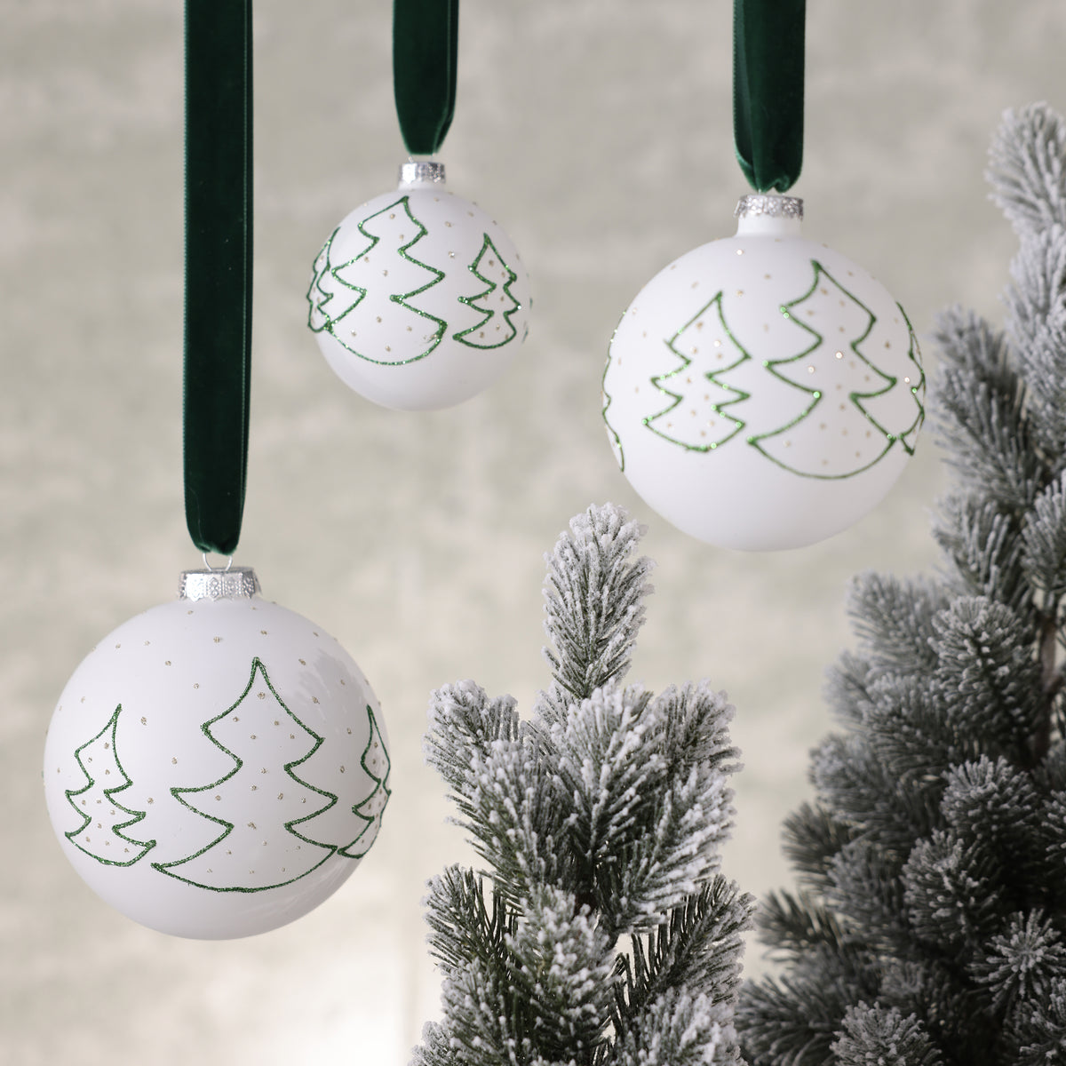 Matt White Glass Ball Ornament with Green Tree Silhouette