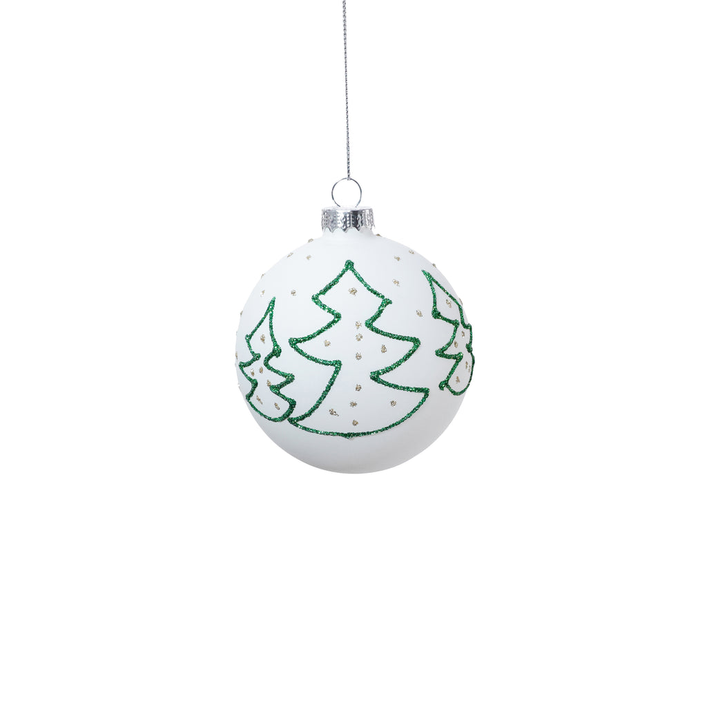 Matt White Glass Ball Ornament with Green Tree Silhouette