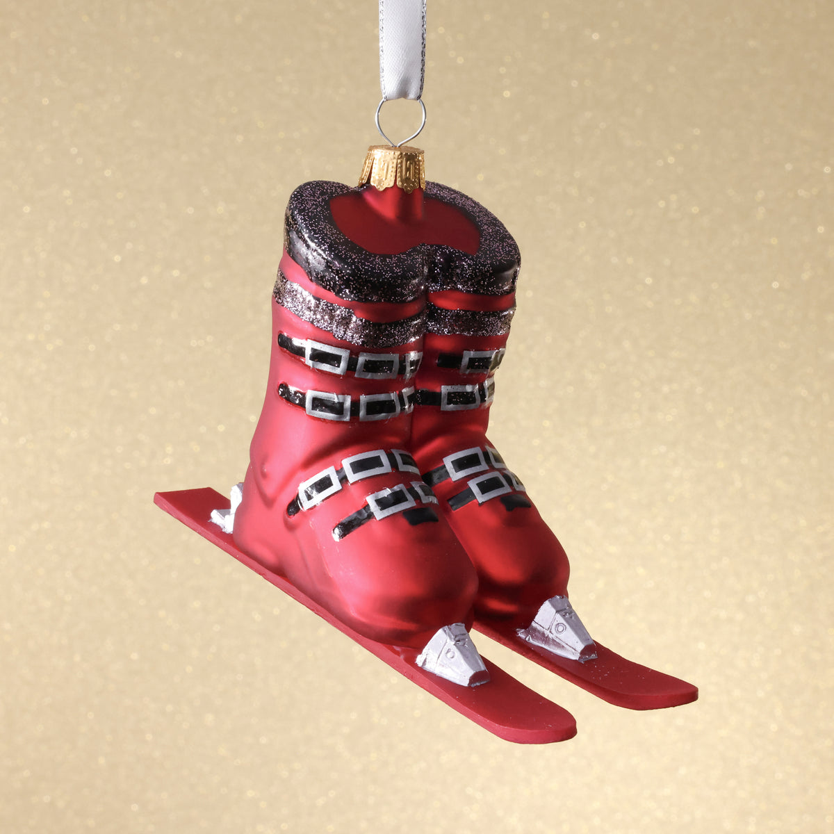 Matt Red Ski Boots on Skis Glass Ornament