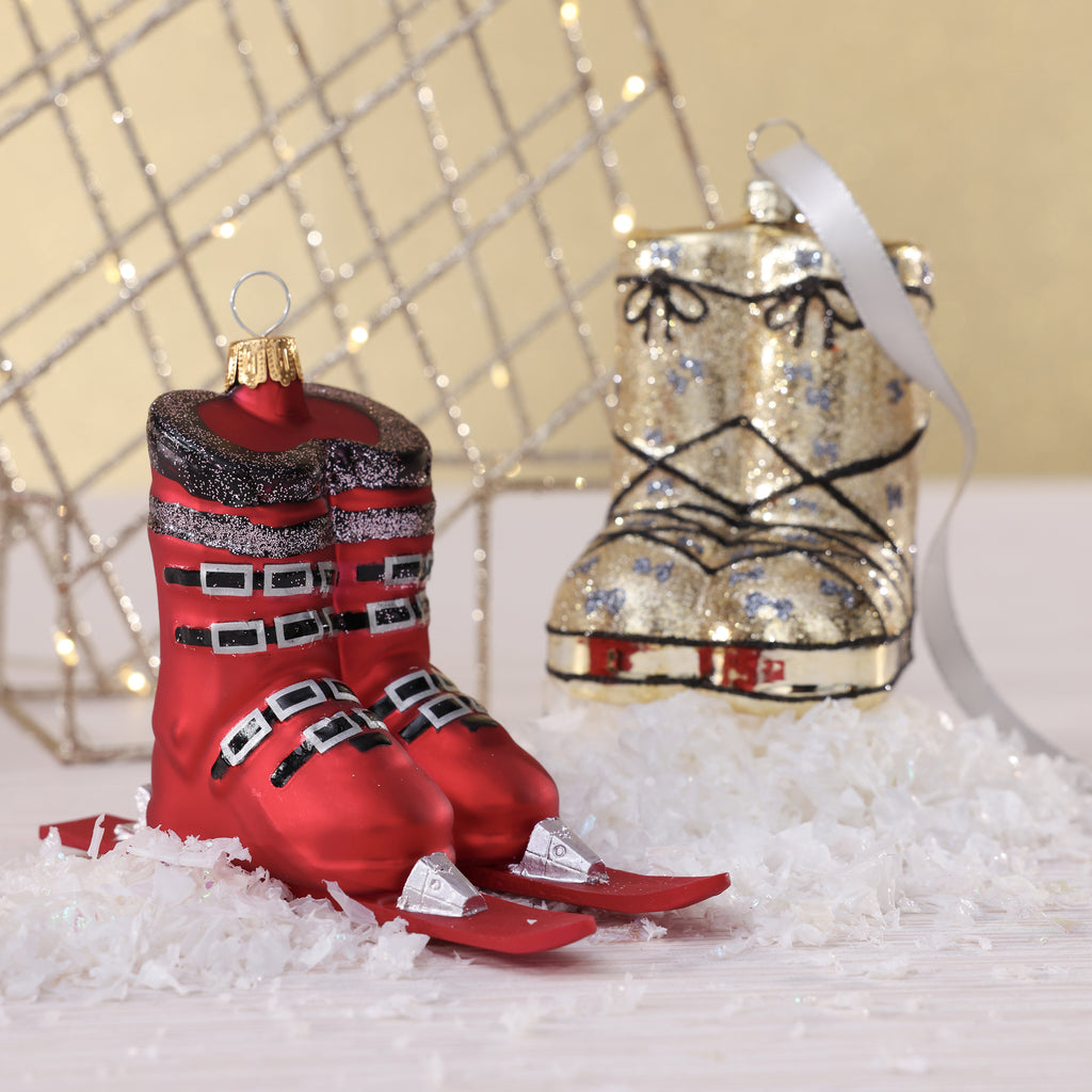 Matt Red Ski Boots on Skis Glass Ornament