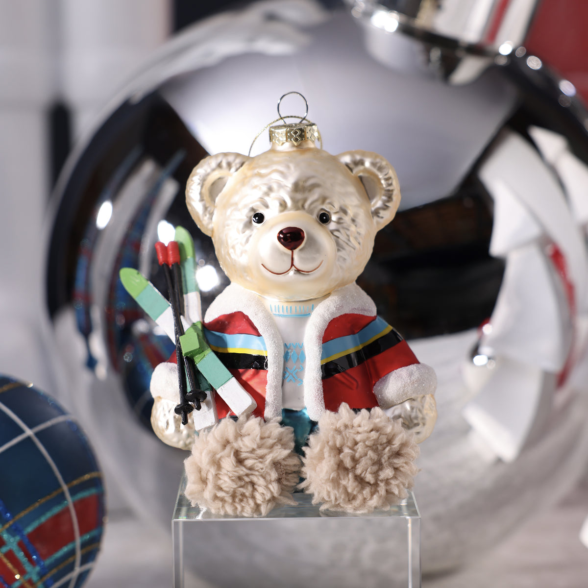 Bear with Skis Glass Ornament