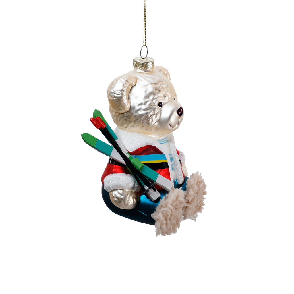Bear with Skis Glass Ornament
