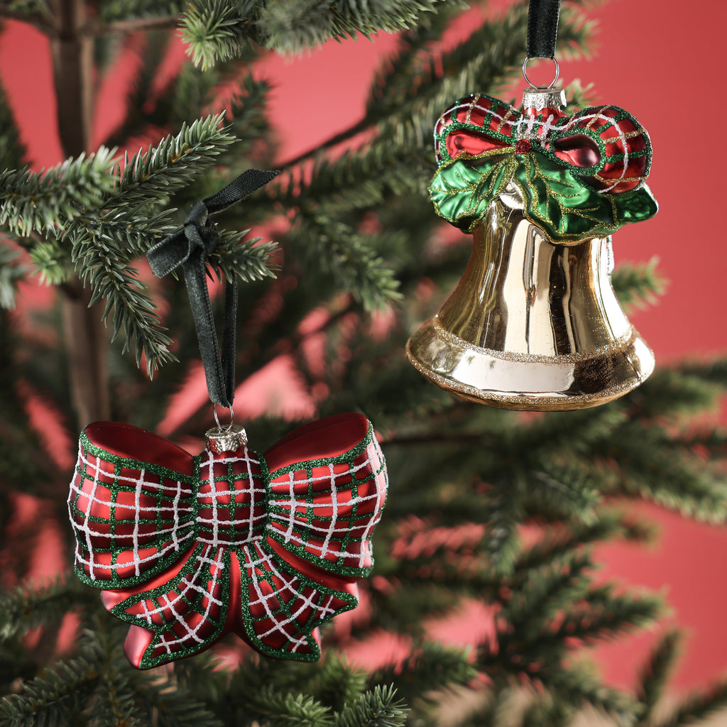 Holiday Covent Garden Plaid Bow & Bell Glass Ornaments - 2 Assorted Designs