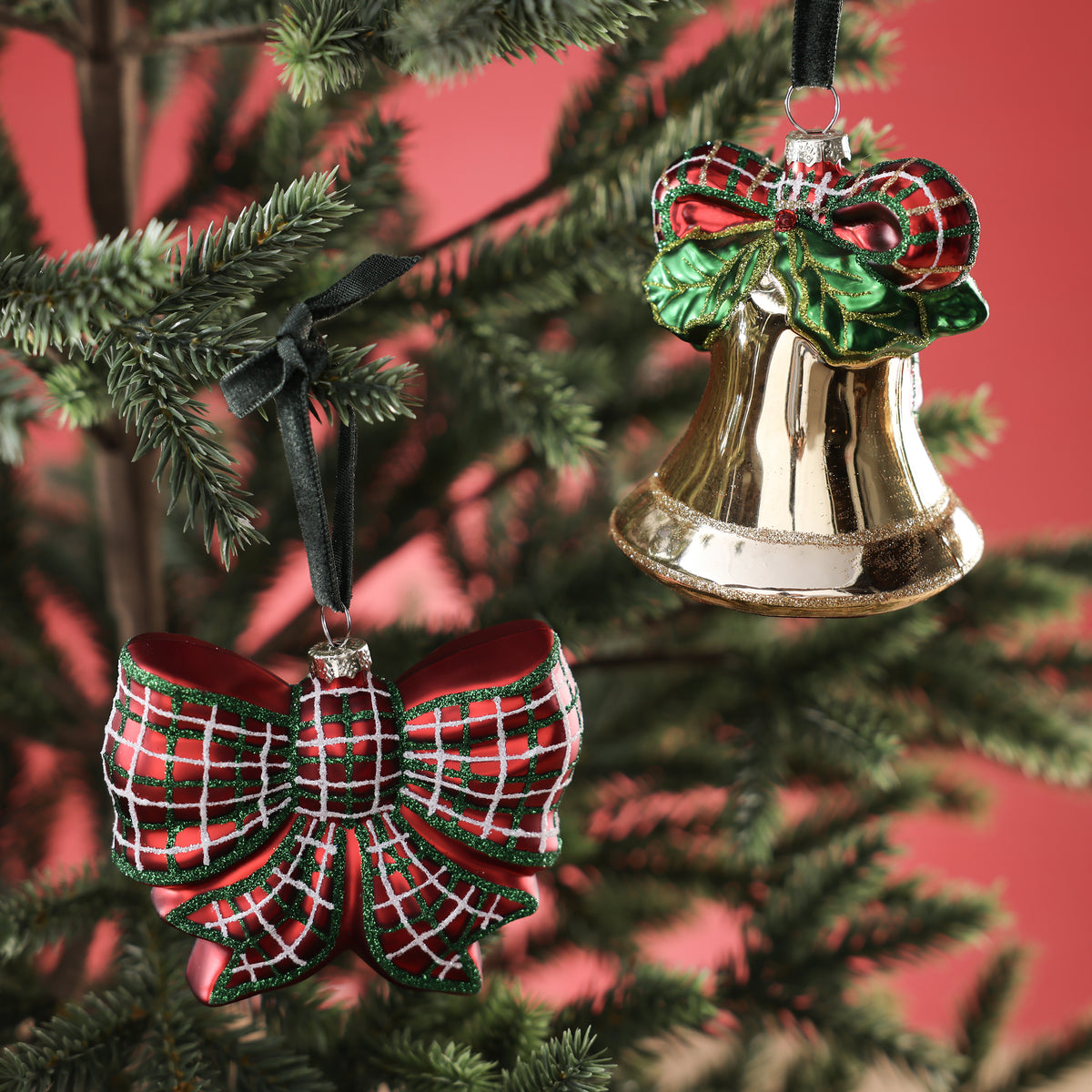 Holiday Covent Garden Plaid Bow & Bell Glass Ornaments - 2 Assorted Designs