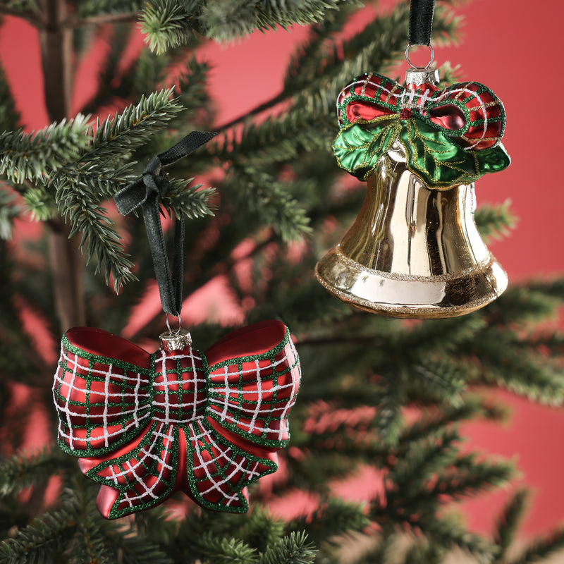 Holiday Covent Garden Plaid Bow & Bell Glass Ornaments - 2 Assorted Designs