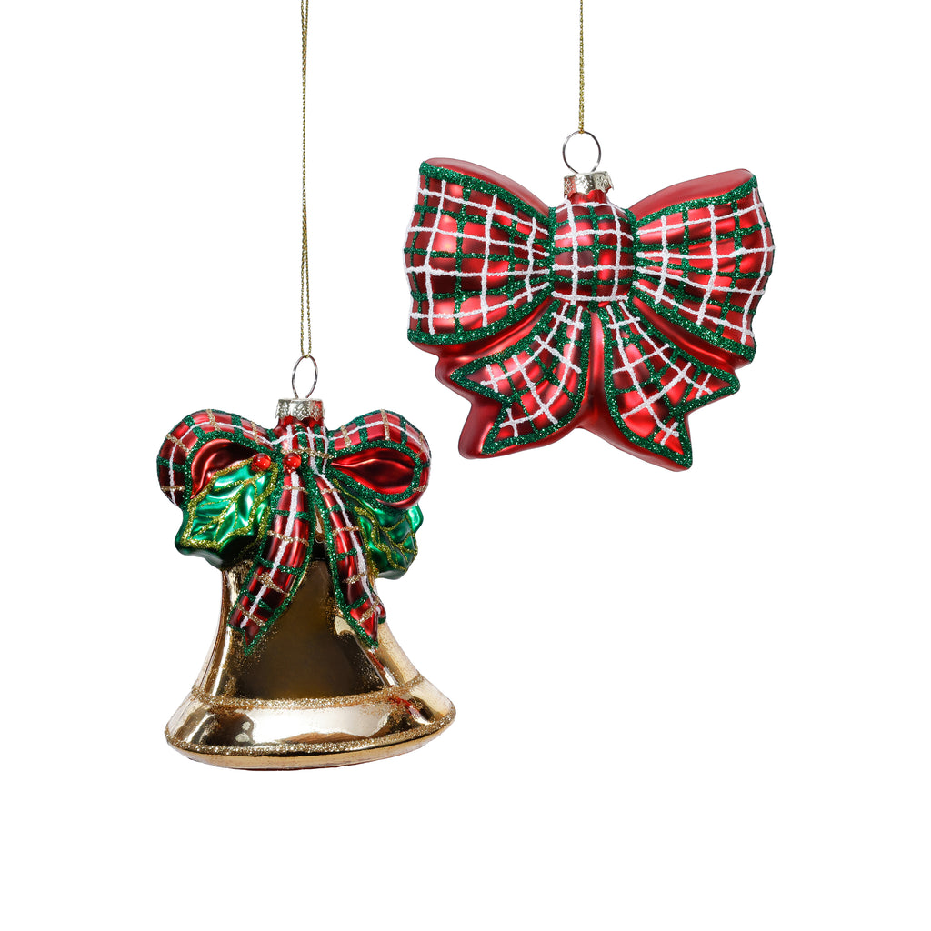 Holiday Covent Garden Plaid Bow & Bell Glass Ornaments - 2 Assorted Designs