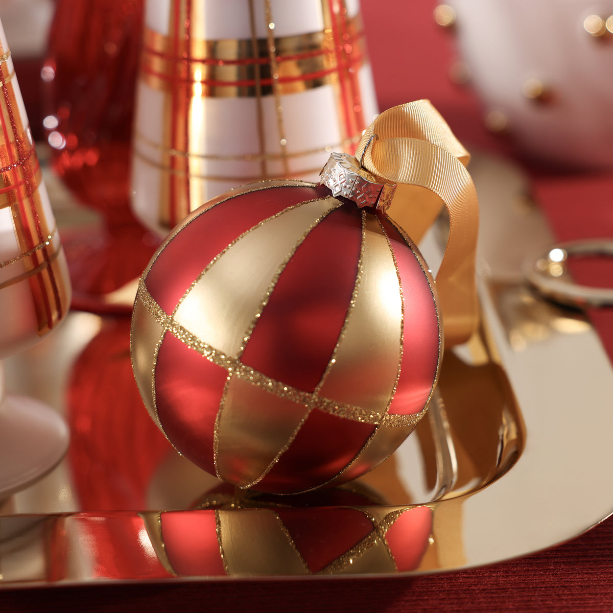 Red and Gold Holiday Panel Glass Ball Ornament