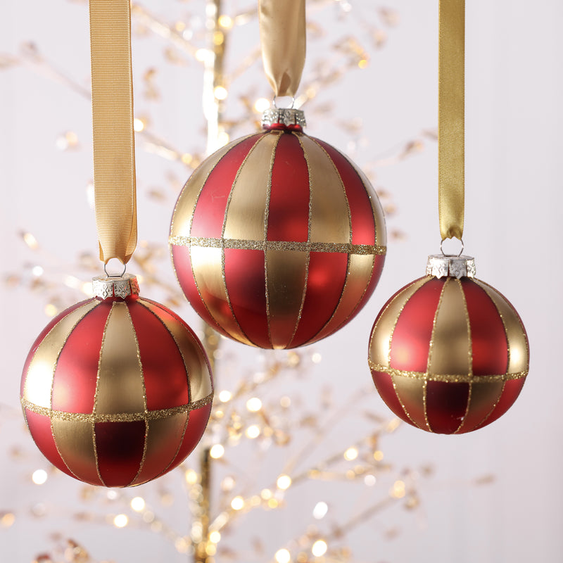Red and Gold Holiday Panel Glass Ball Ornament