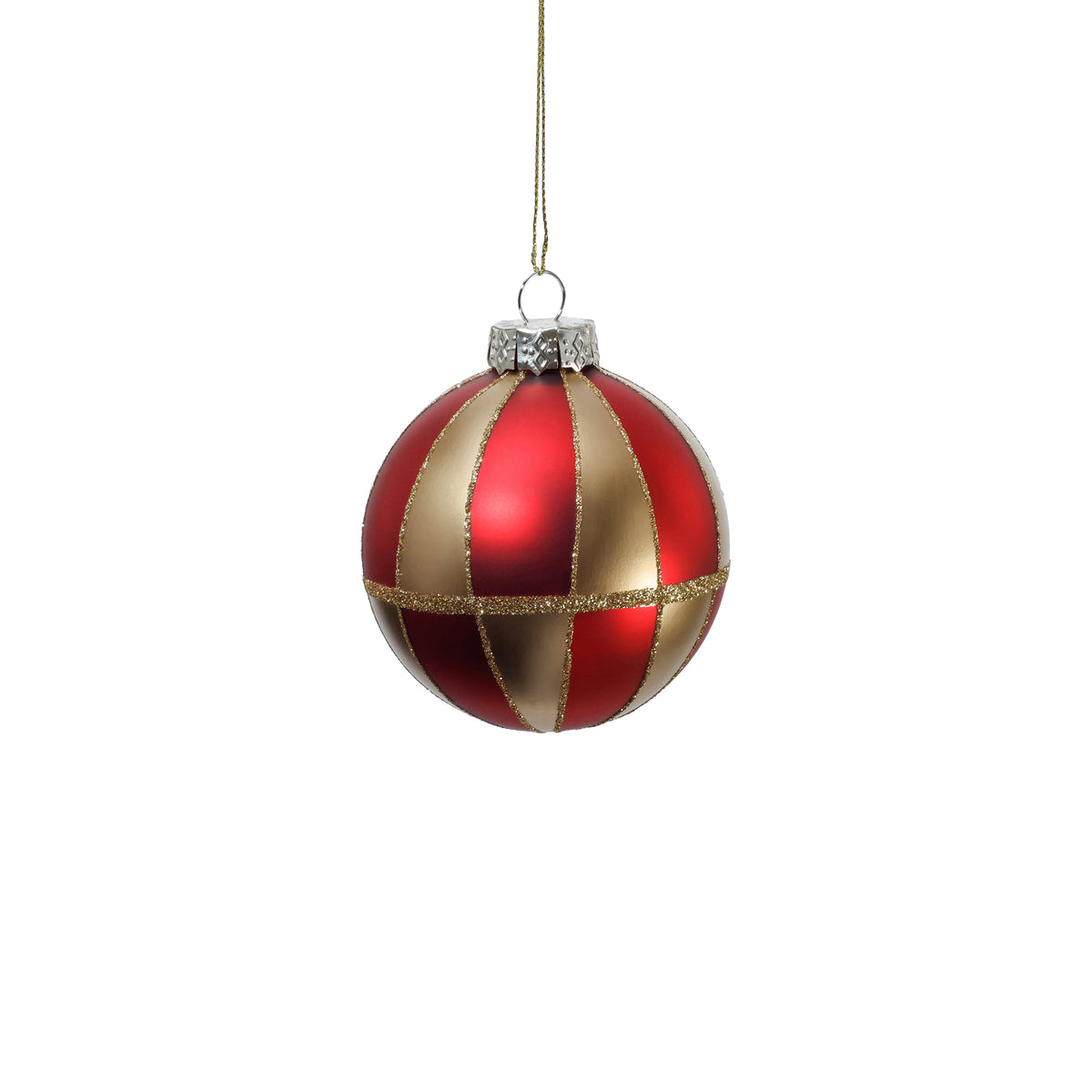 Red and Gold Holiday Panel Glass Ball Ornament
