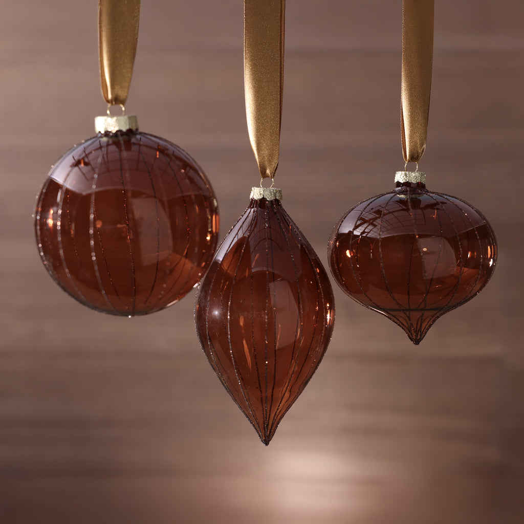 Glitter Stripe Glass Ornament Trio - 3 Assorted Designs