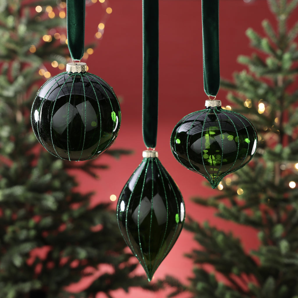 Glitter Stripe Glass Ornament Trio - 3 Assorted Designs