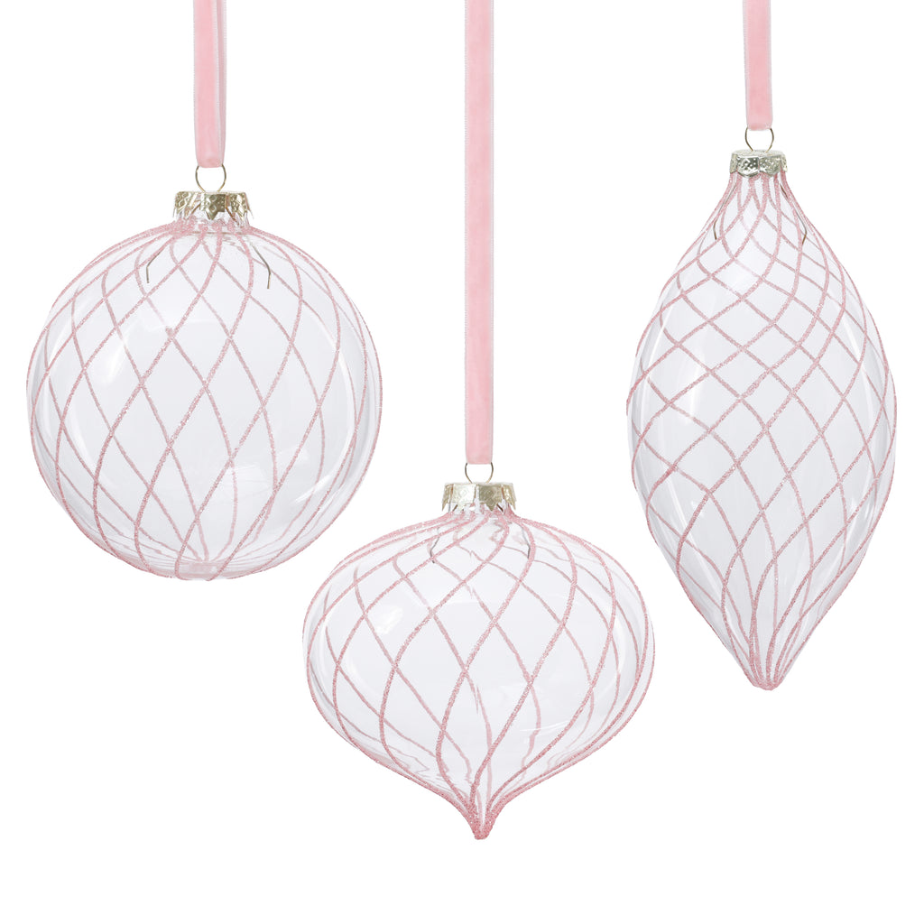 Glitter Stripe Glass Ornament Trio - 3 Assorted Designs