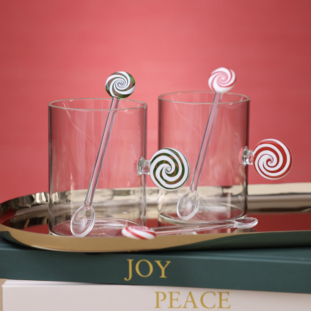 Holiday Peppermint Glass Mug - White & Red