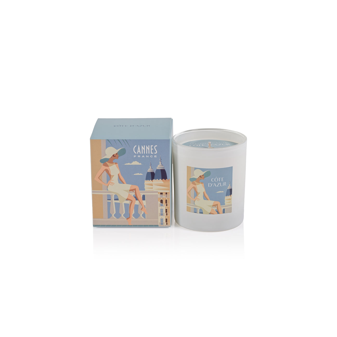 Cannes-themed candle and packaging on a white background