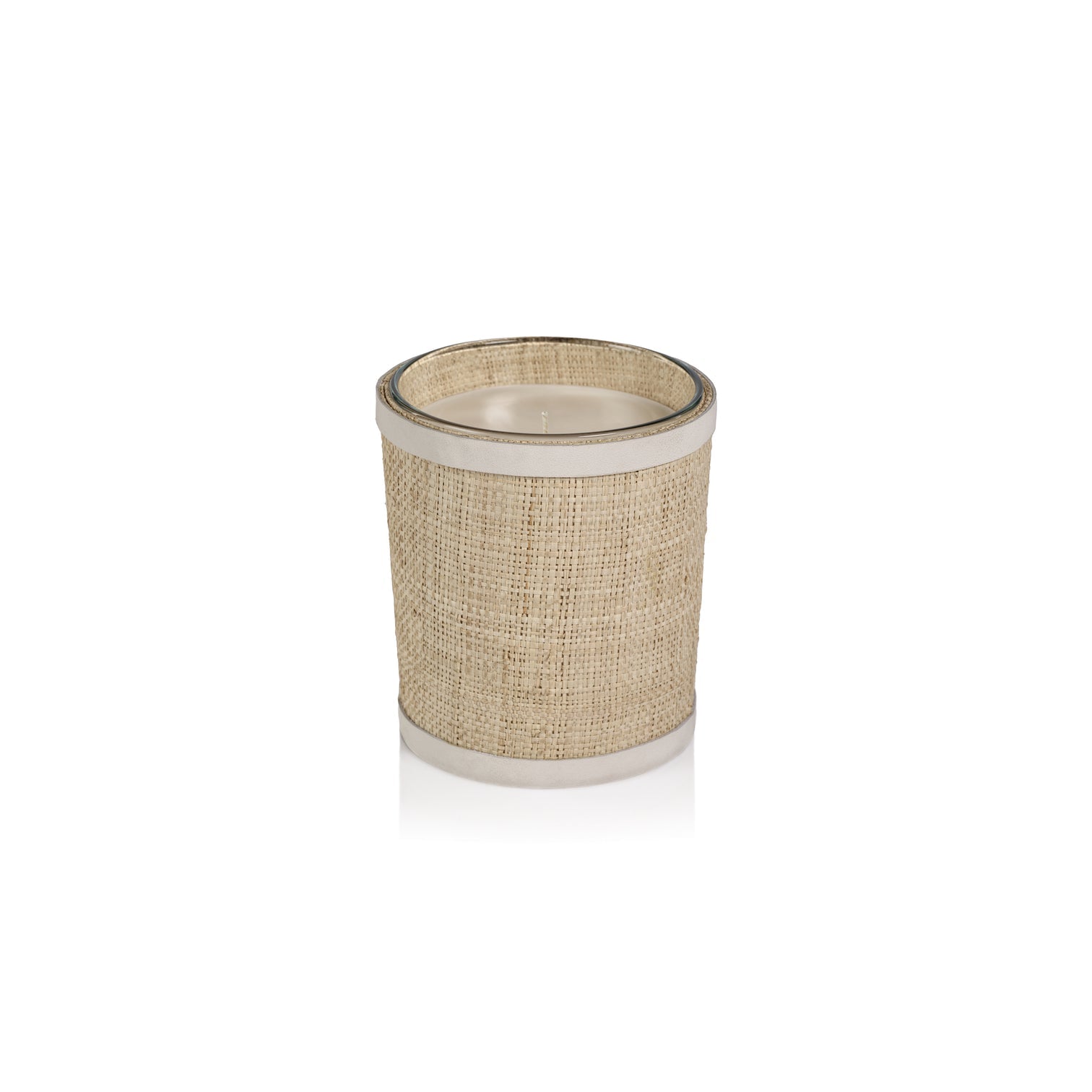 Candle in Natural Raffia Basket w/ Leather Trim - White