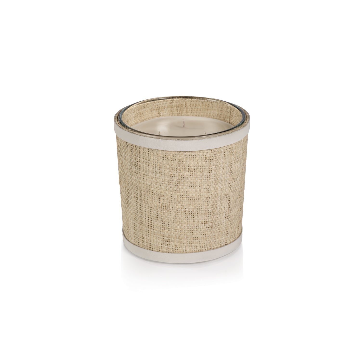 Candle in Natural Raffia Basket w/ Leather Trim - White