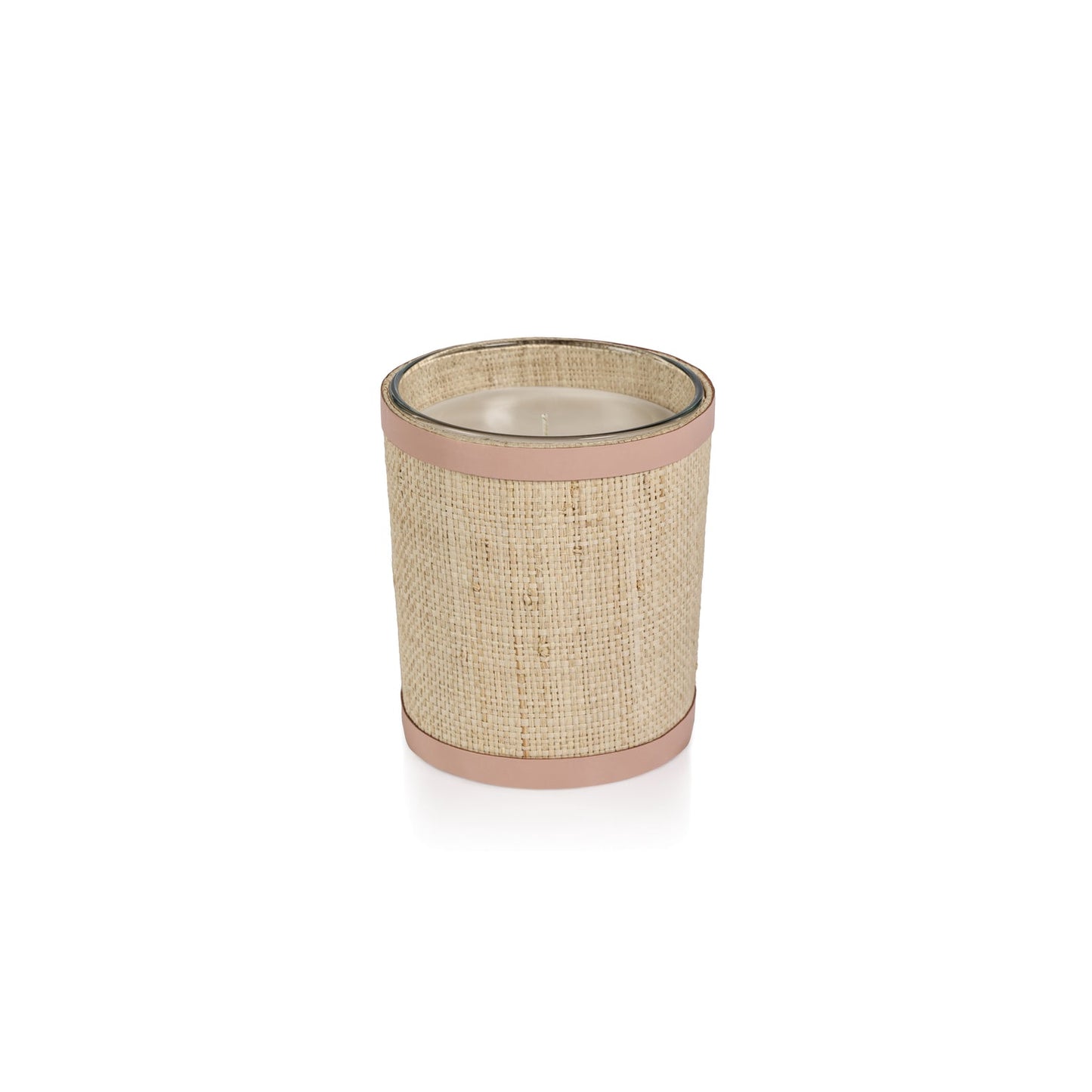 Candle in Natural Raffia Basket w/ Leather Trim - Pink