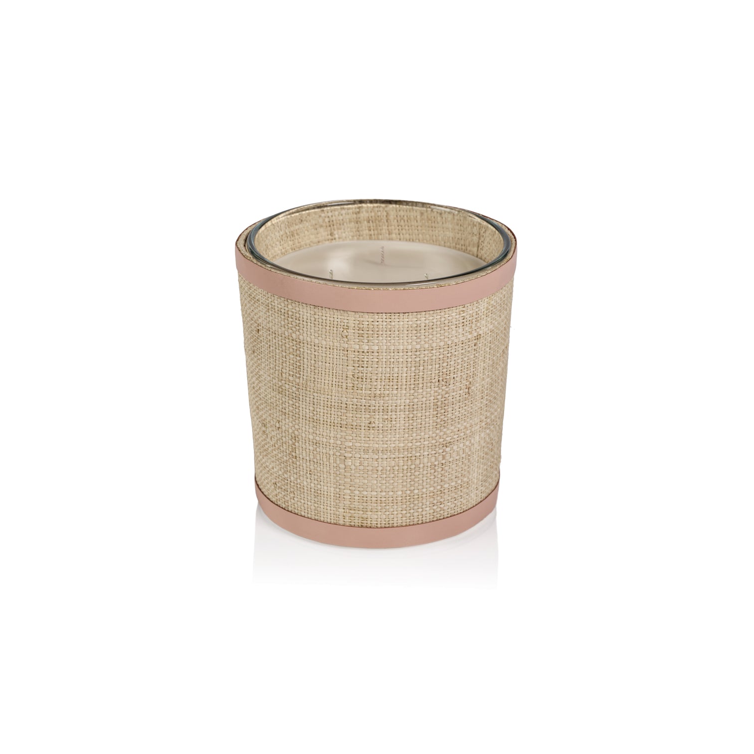 Candle in Natural Raffia Basket w/ Leather Trim - Pink