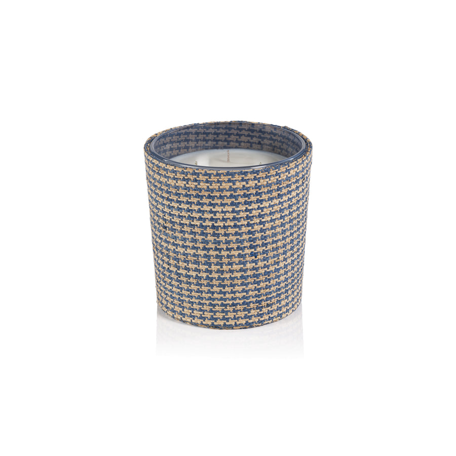 Candle in Natural Raffia Basket - Blue & Houndstooth