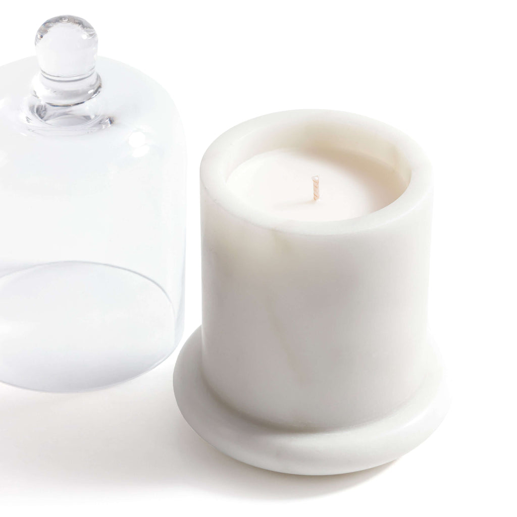 Marbella Scented Candle Jar with Cloche, natural marble candle with a hand-blown glass lid.