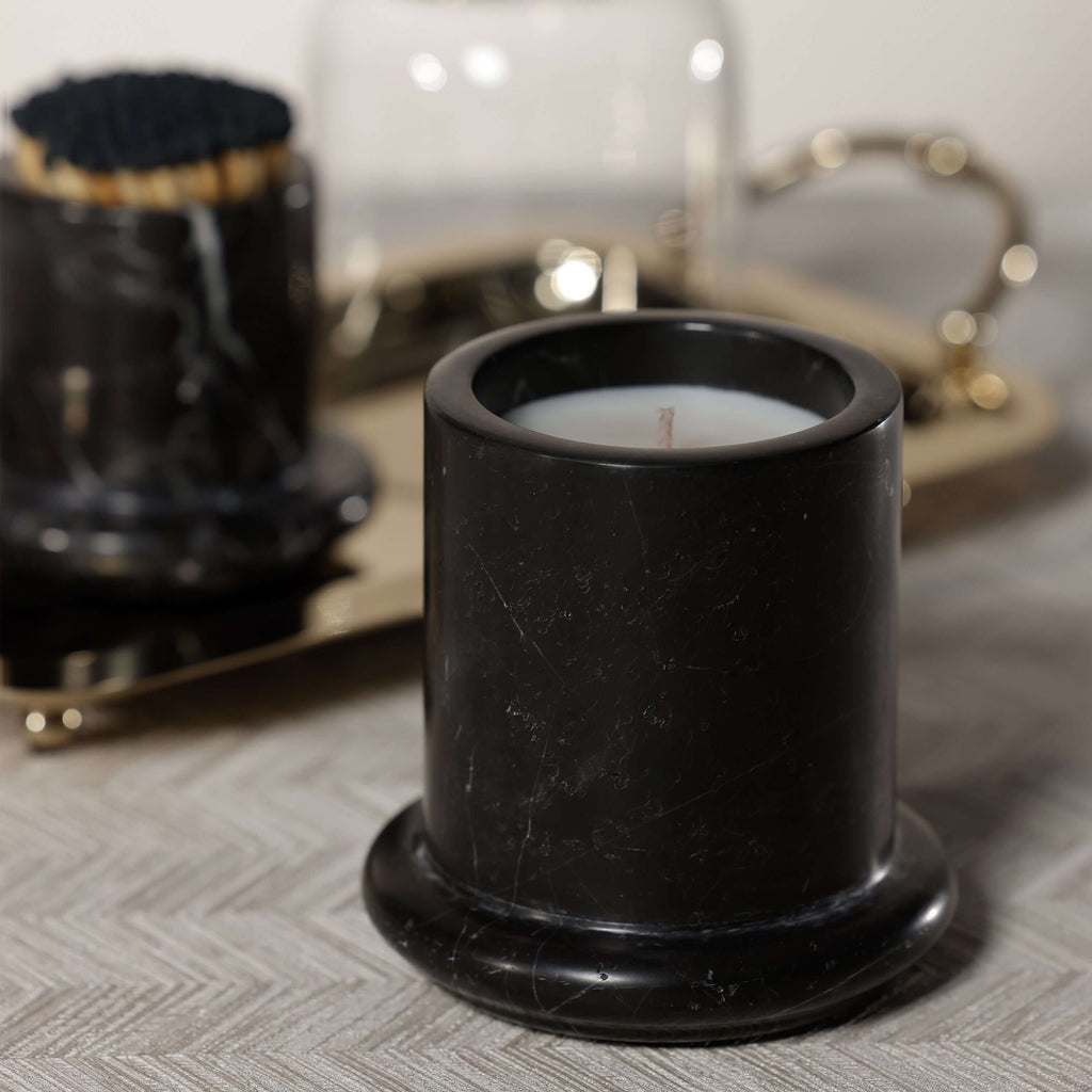 Marbella Scented Candle Jar with Cloche in black marble finish, showcasing elegance and unique design.